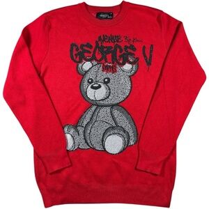 George Red Crewneck Sweater with Gray Teddy Graphic